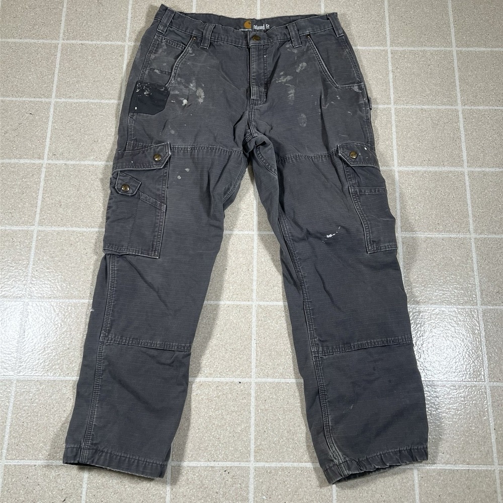 Carhartt Cargo Pants Men's 32x30 Gray Ripstop Relaxed Fit Flannel Lined Work